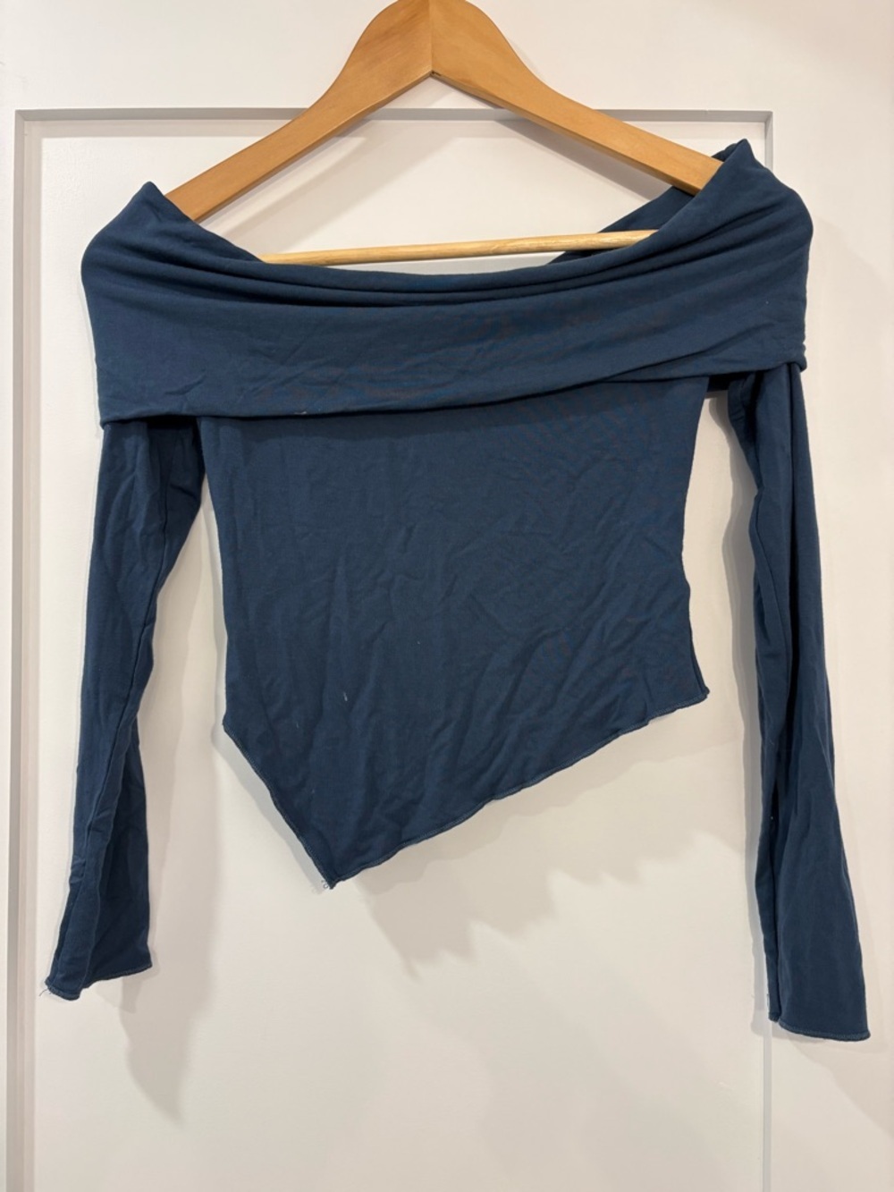 Garage Blue Off Shoulder Long Sleeve Handkerchief Hem Top XS